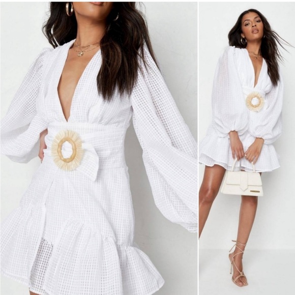 Missguided White Check Raffia Belted Mini Dress - Picture 3 of 9